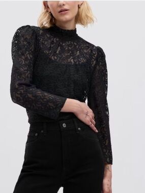 NWOT GAP Black Lace Long Sleeve Sheer Mock Neck Blouse Top Women’s Medium